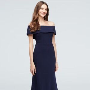 Betsy & Adam Off Shoulder Ruffle Back Navy Gown Dress